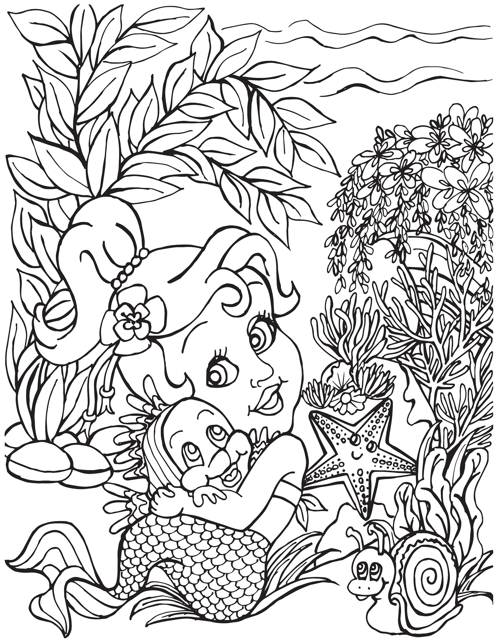 Happy Little Mermaid with Rainbow Fish and Starfish Coloring Page