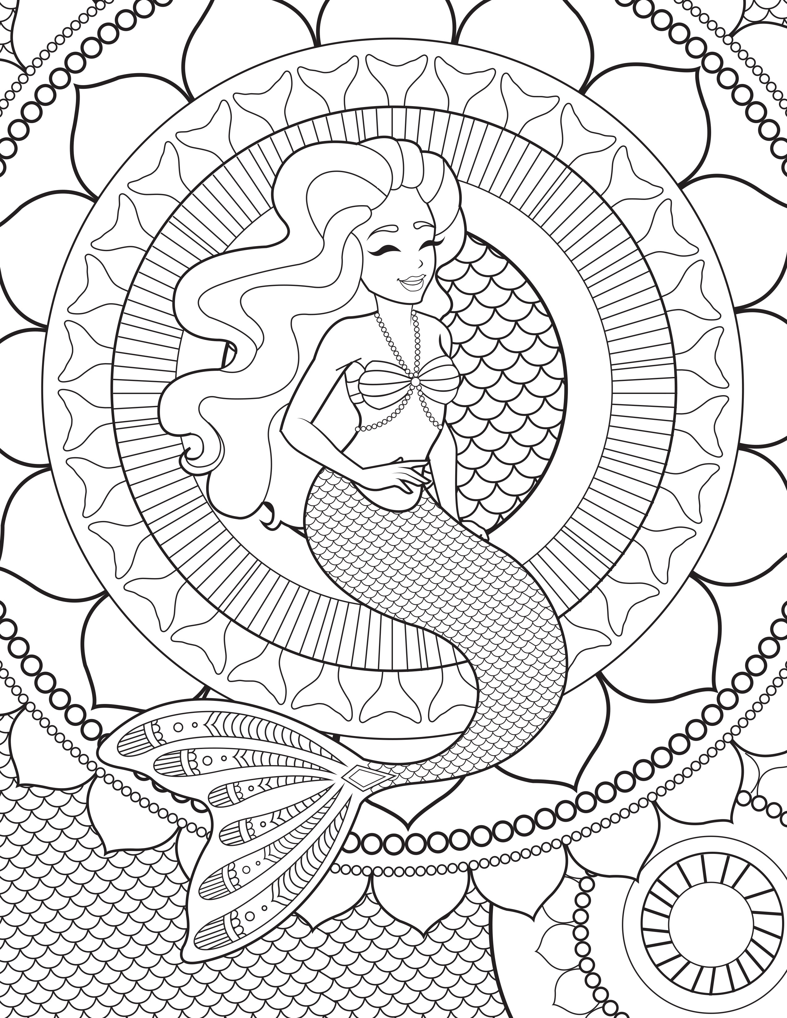 Happy Mermaid with Mandala Coloring Page