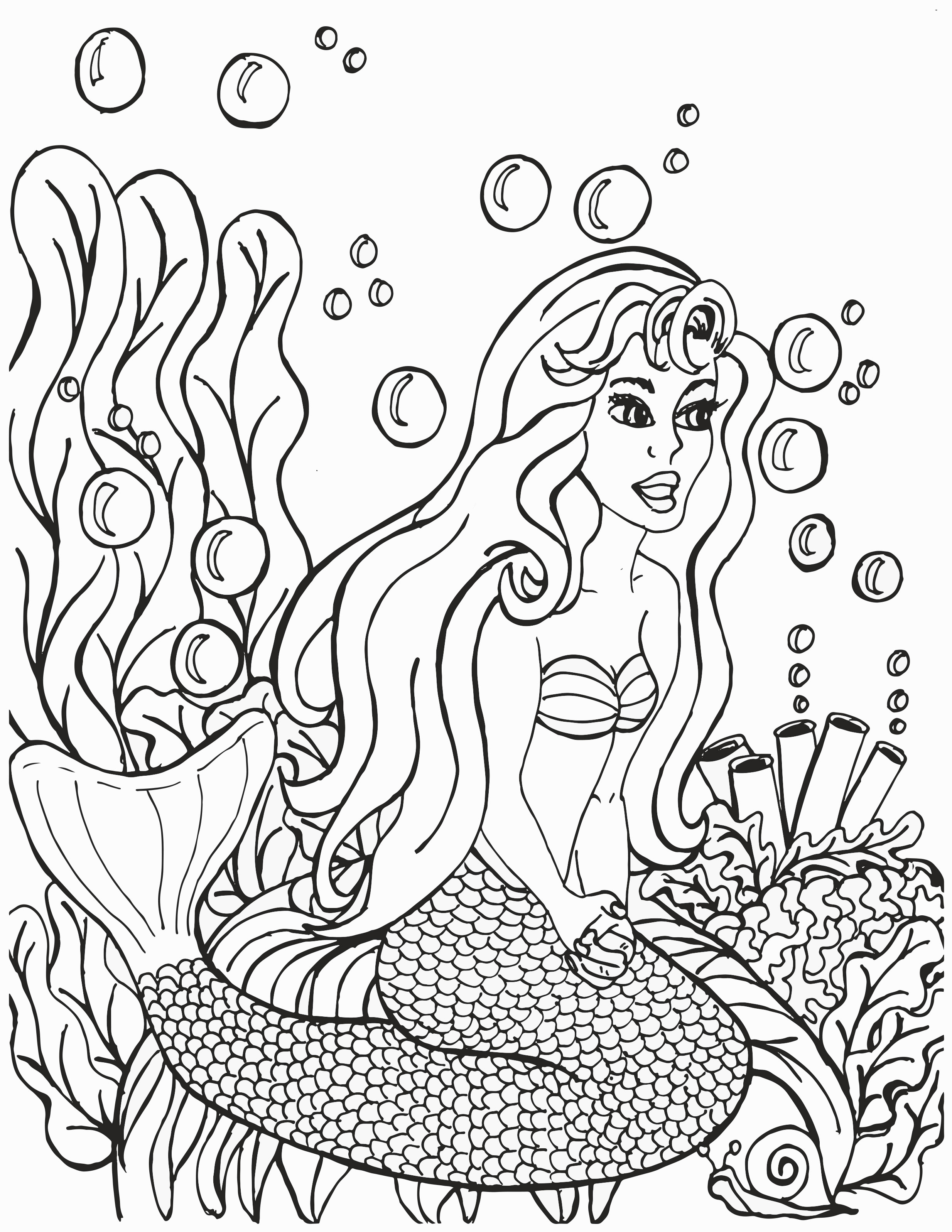 Kneeling Mermaid with Bubble and Plants Coloring Page