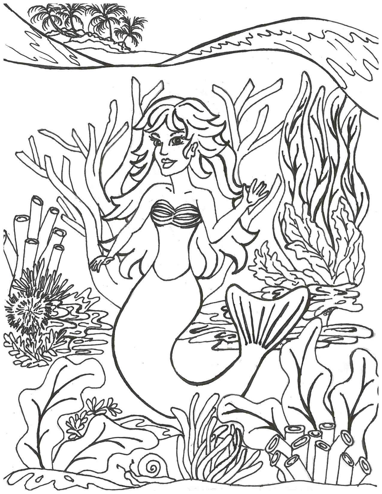 Mermaid with Sea Plants Coloring Page