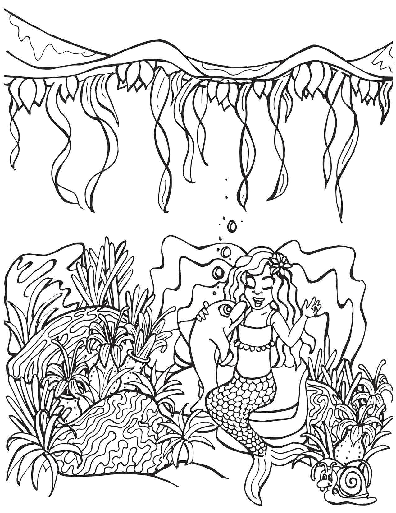 Mermaid Singing with Dolphin Under the Sea Surface Coloring Page