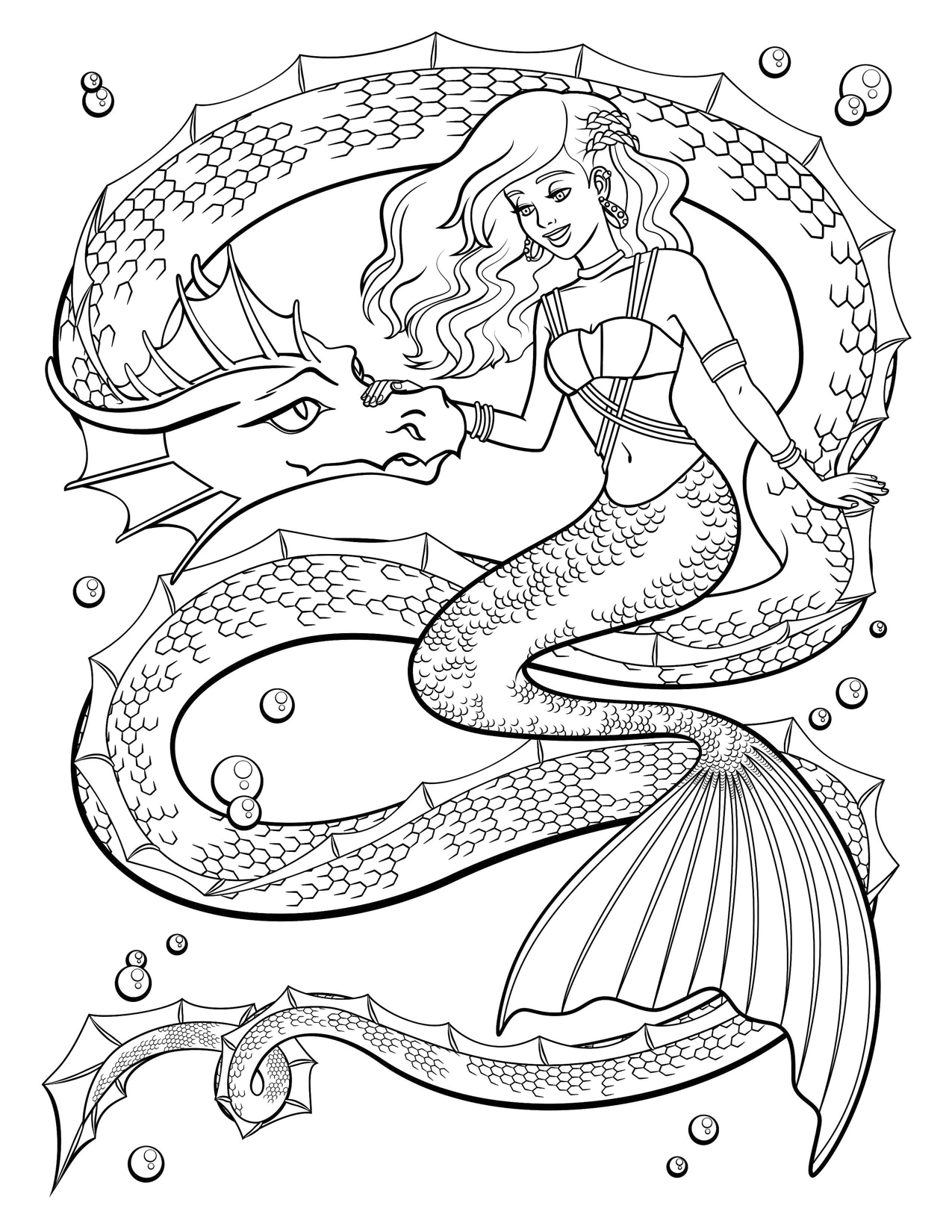Mermaid with Dragon Coloring Page