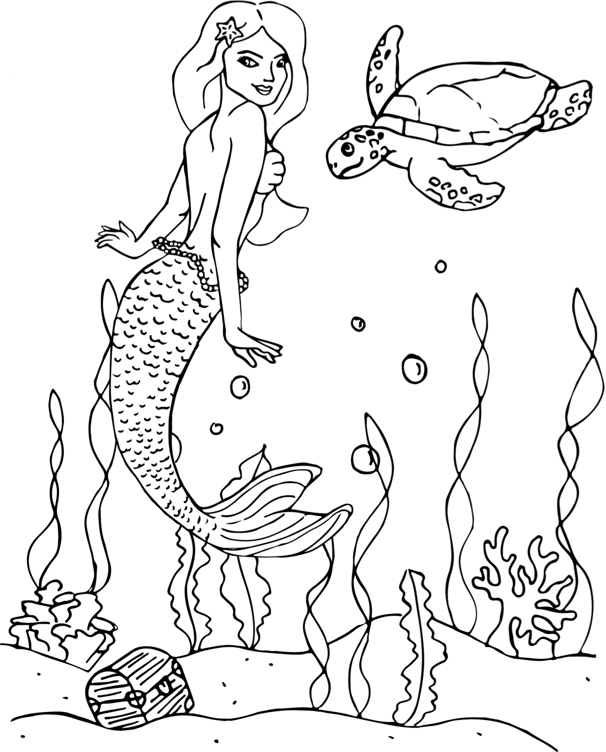 Mermaid with Sea Turtle and Treasure Chest Coloring Page