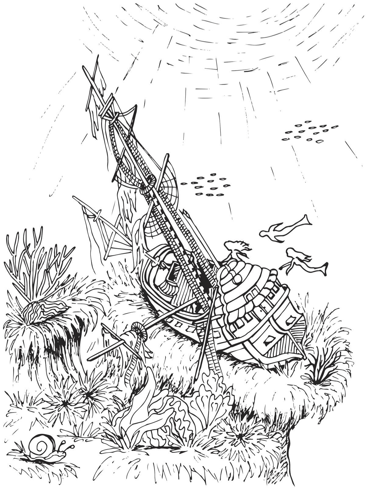 Mermaids Love to Explore Shipwrecks Coloring Page