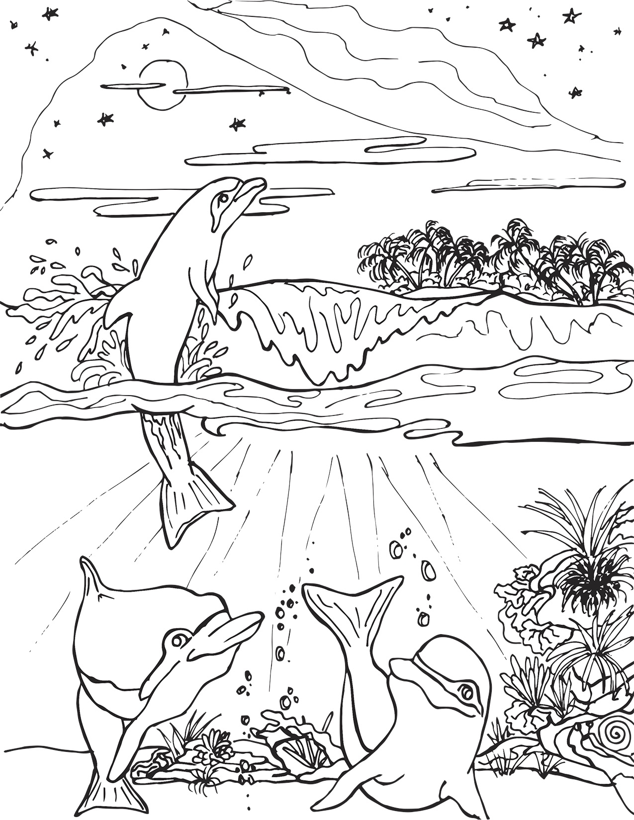 Three Dolphins Frolicking Near Island Coloring Page