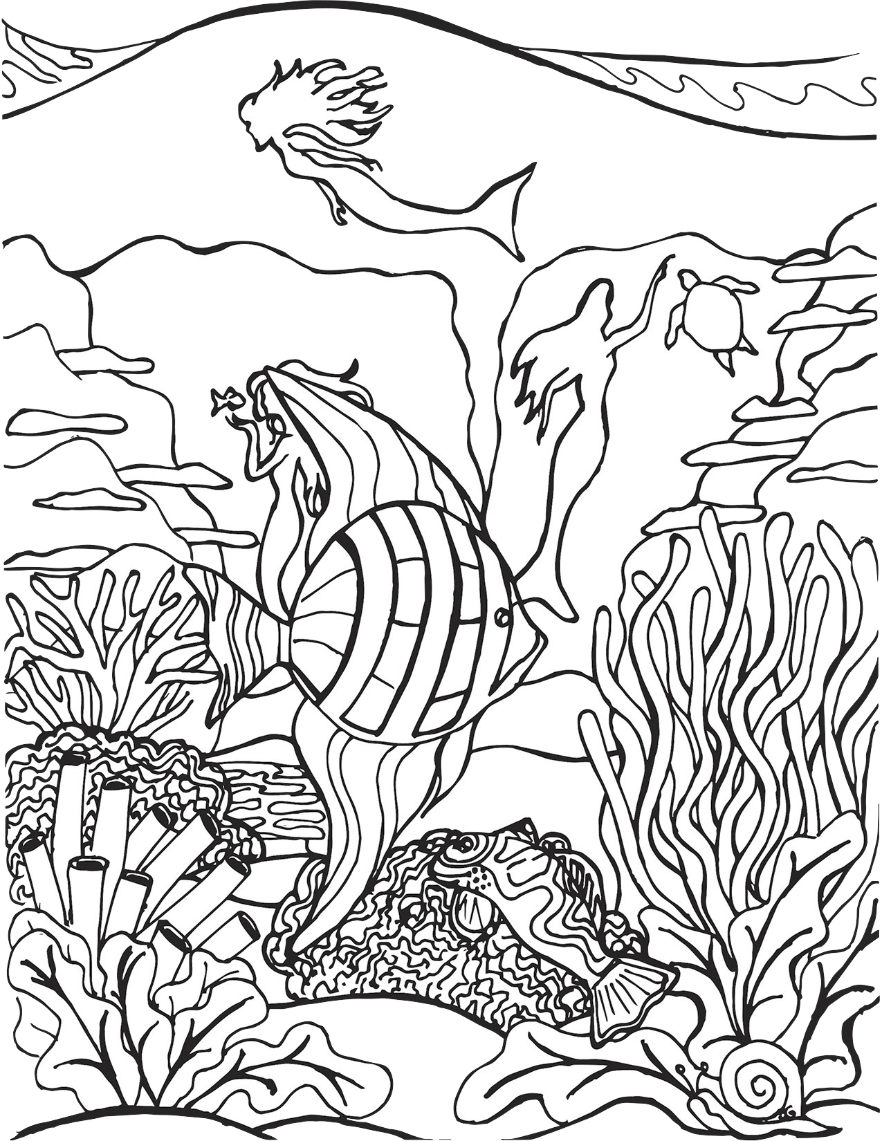 Tropical Fish and Mermaid Silhouettes Coloring Page